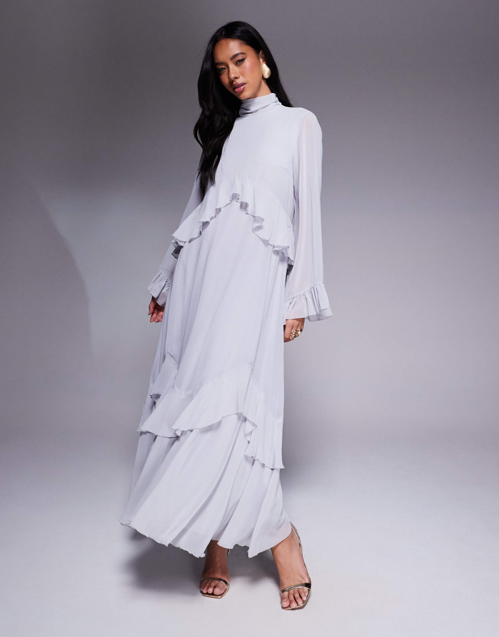 daska layered ruffle high neck maxi dress in soft blue