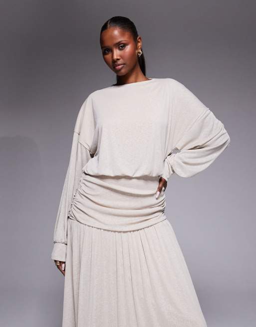 Daska – Leichtes, gerafftes Maxikleid in Steinbeige mit tiefer Taille und Drapierung, 4 von 4