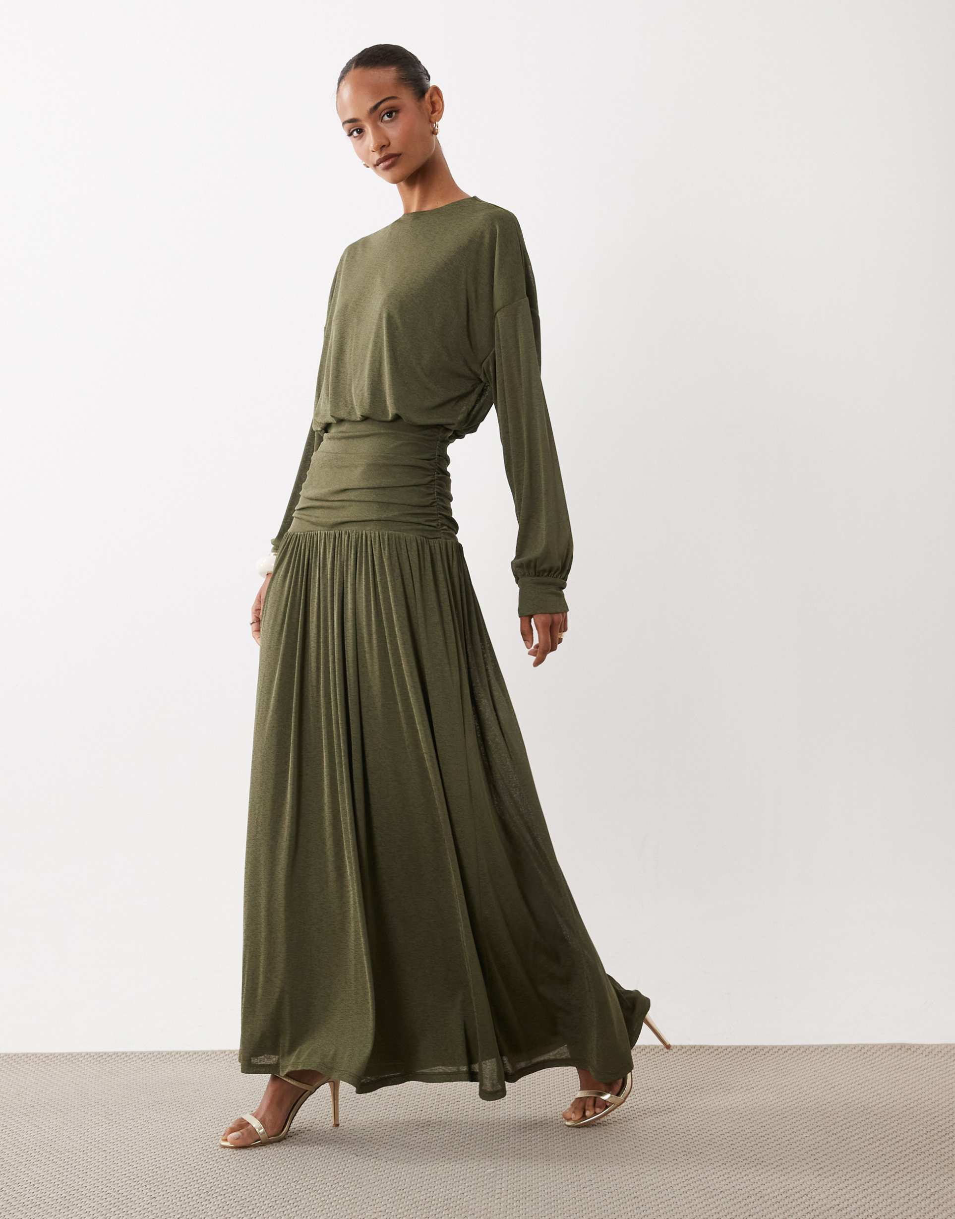 daska lightweight ruched drop waist drape detail maxi dress in khaki