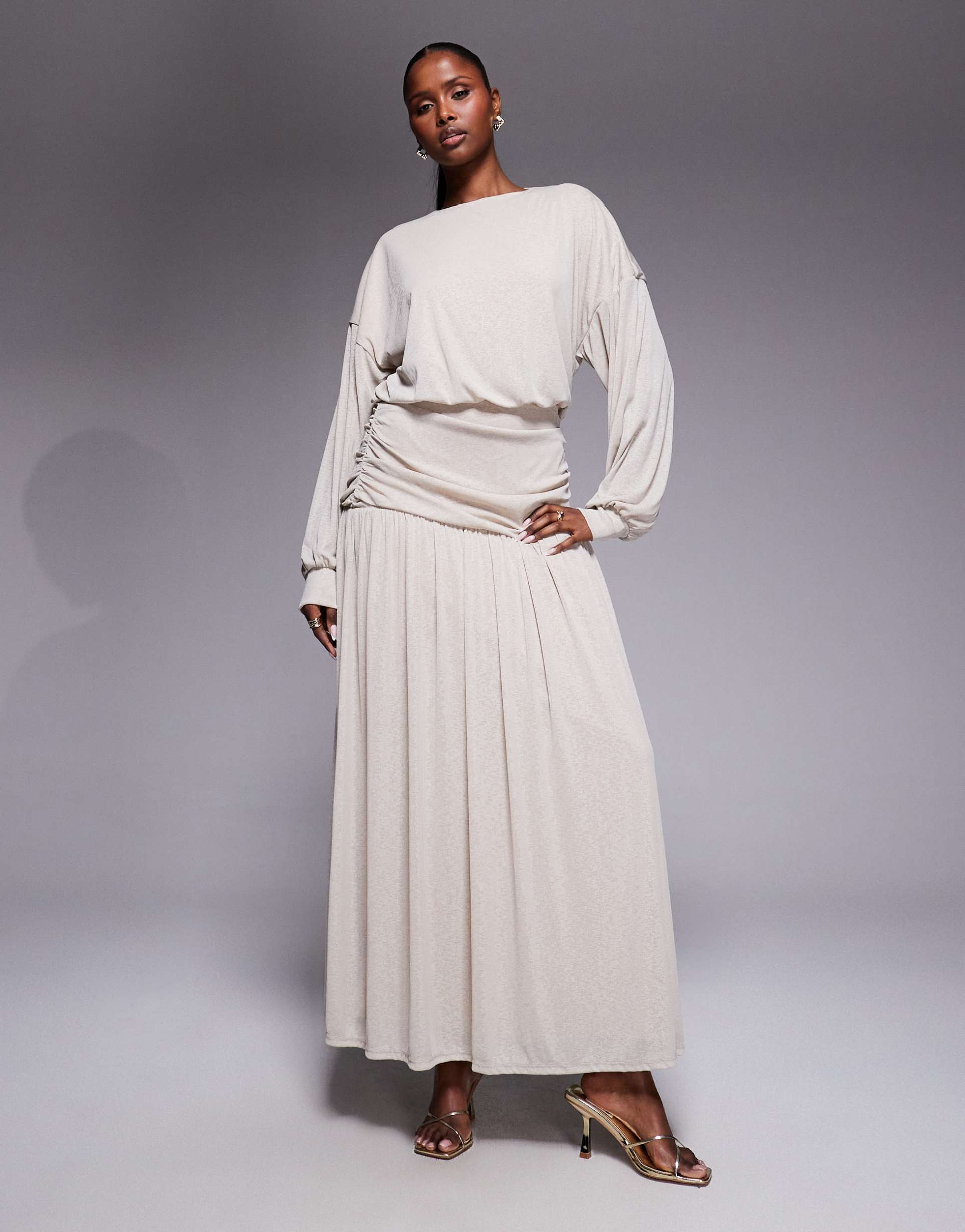 daska lightweight ruched drop waist drape detail maxi dress in stone