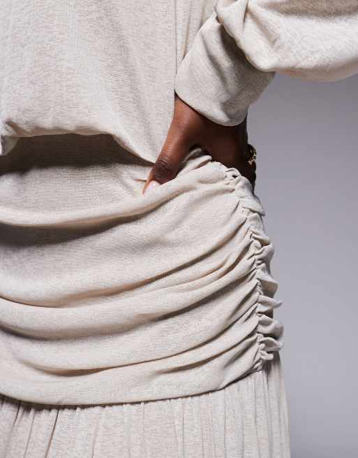 Daska lightweight ruched drop waist drape detail maxi dress in stone, 3 of 4