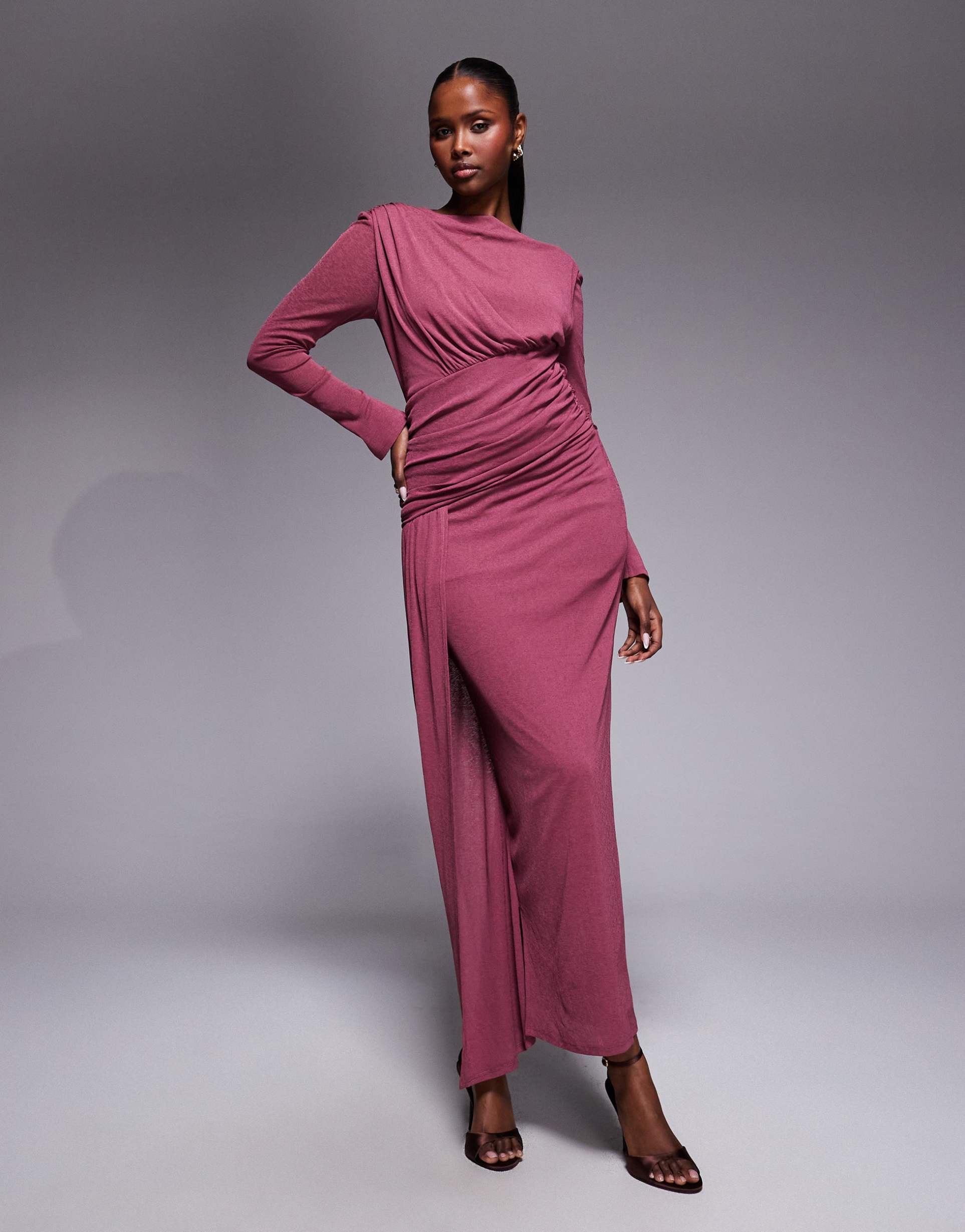 daska long sleeve asymmetric drape detail maxi dress in mulberry