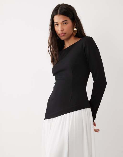 Daska long sleeve boat neck contrast asymmetric maxi dress in black and white, 2 of 4