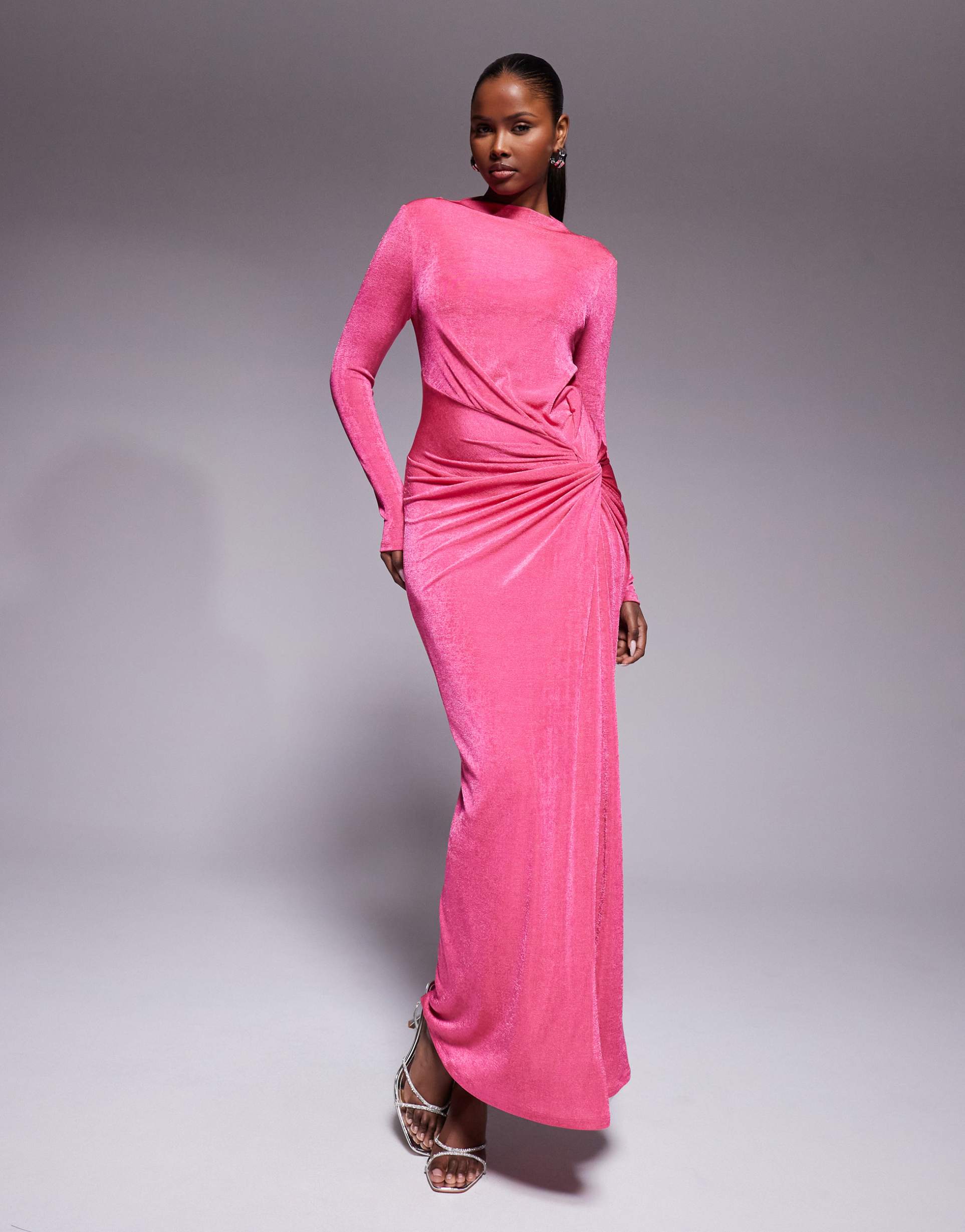 daska long sleeve high neck twist detail stretch maxi dress in pink