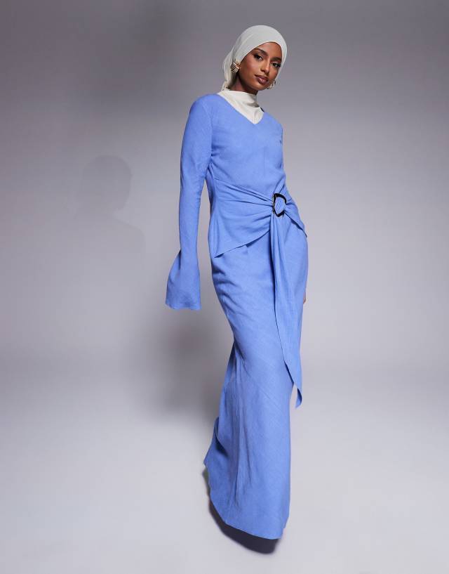 daska blue dress long sleeve maxi with belt detail in soft launch_date:8/18/2023 ideal for special occasions Black Vintage French Provincial Color:Truffle