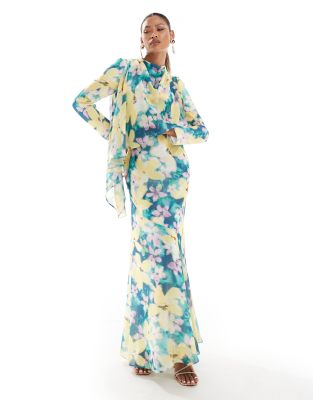 long sleeve maxi dress with cape detail in floral print-Multi