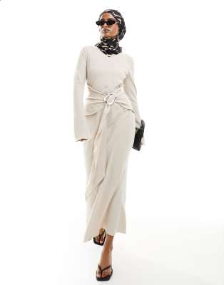 Daska Long Sleeve Maxi Dress With Fluted Hem And Belt Detail In Cream-white