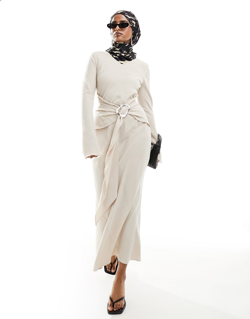 Daska long sleeve maxi dress with fluted hem and belt detail in cream-White