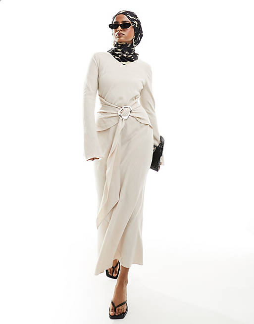Daska long sleeve maxi dress with fluted hem and belt detail in cream ...
