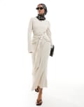[Daska] Daska long sleeve maxi dress with fluted hem and belt detail in cream-White 16-18 Cream