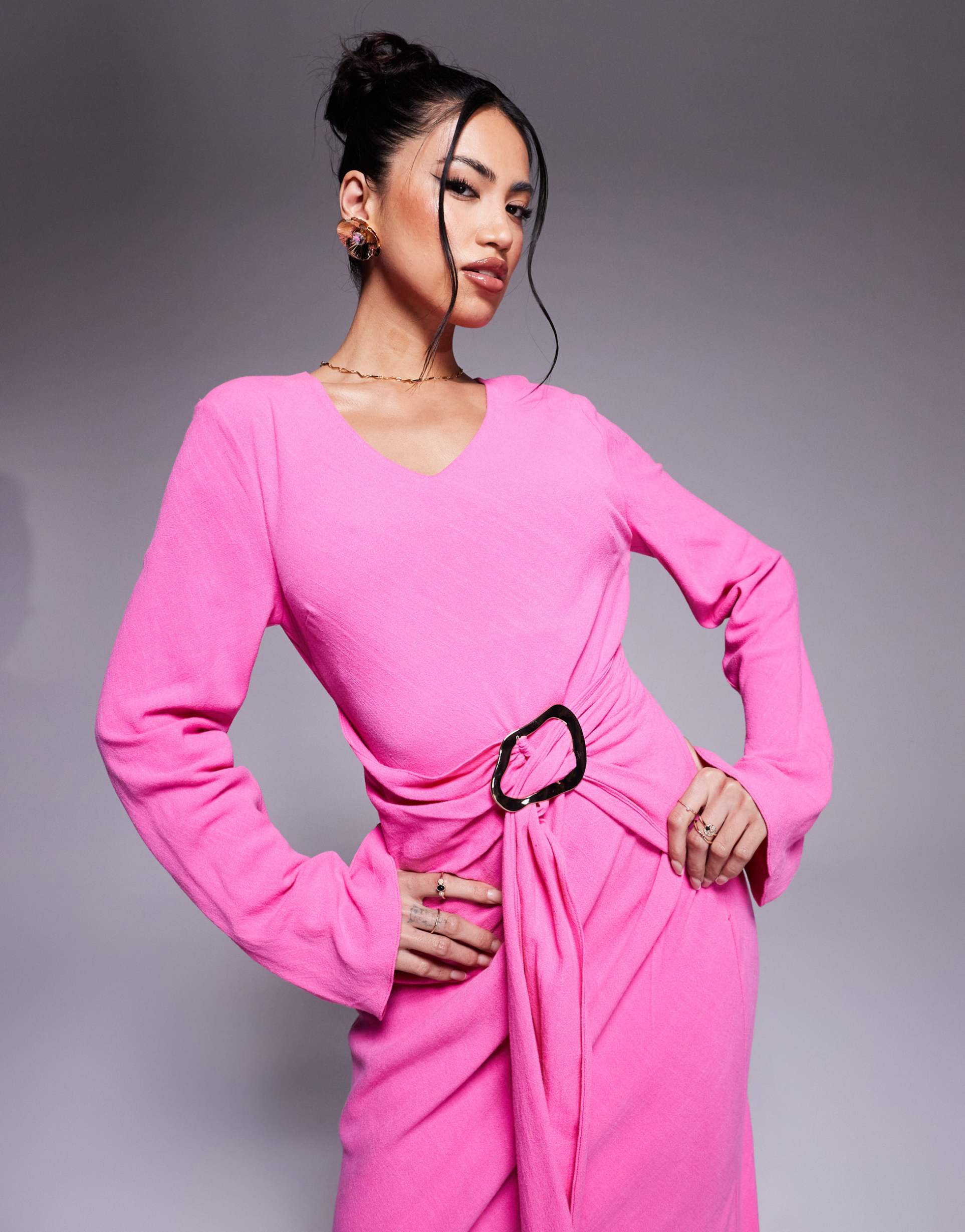 daska long sleeve maxi dress with fluted hem and belt detail in pink