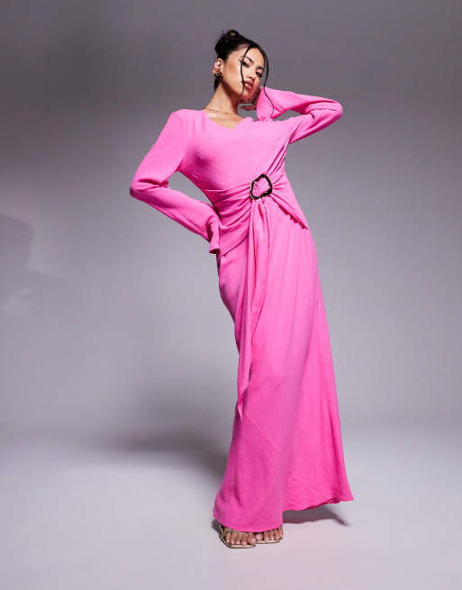 Daska long sleeve maxi dress with fluted hem and belt detail in pink | ASOS