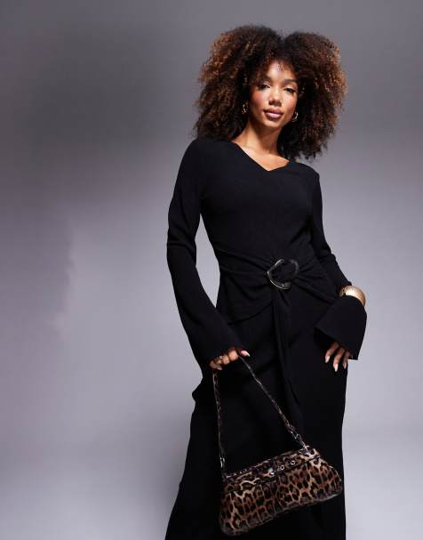 Daska long sleeve maxi dress with gold belt detail in black