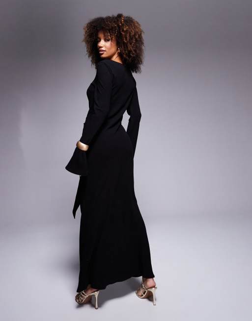 Daska long sleeve maxi dress with gold belt detail in black