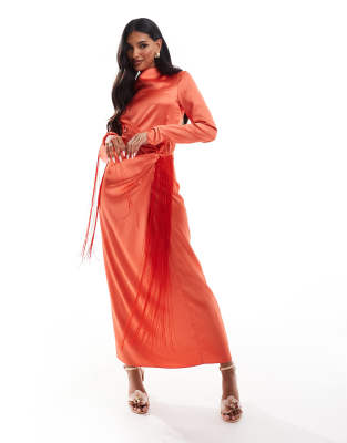 long sleeve maxi dress with twist in orange