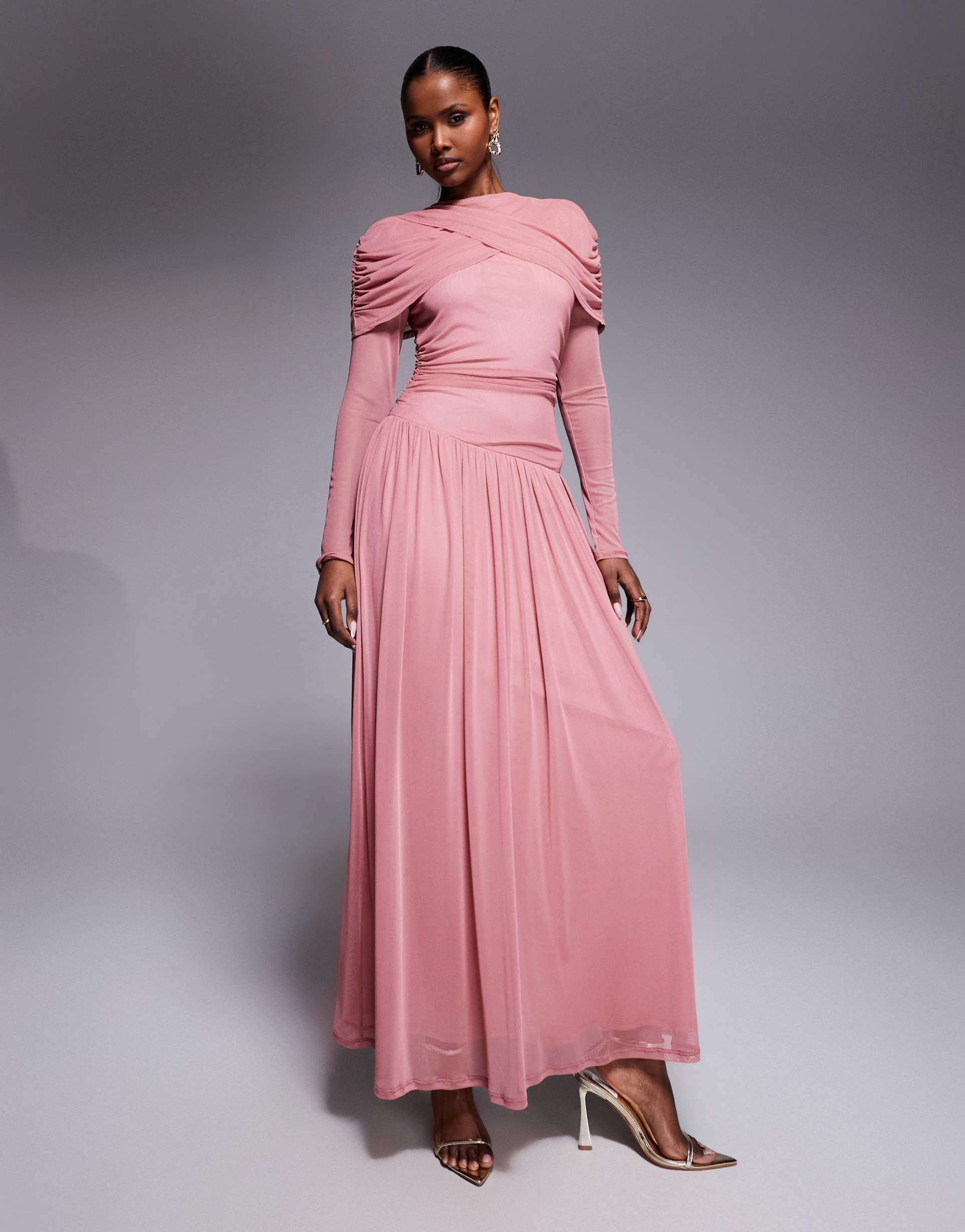 daska long sleeve ruched cape pleated skirt maxi dress in dusty pink