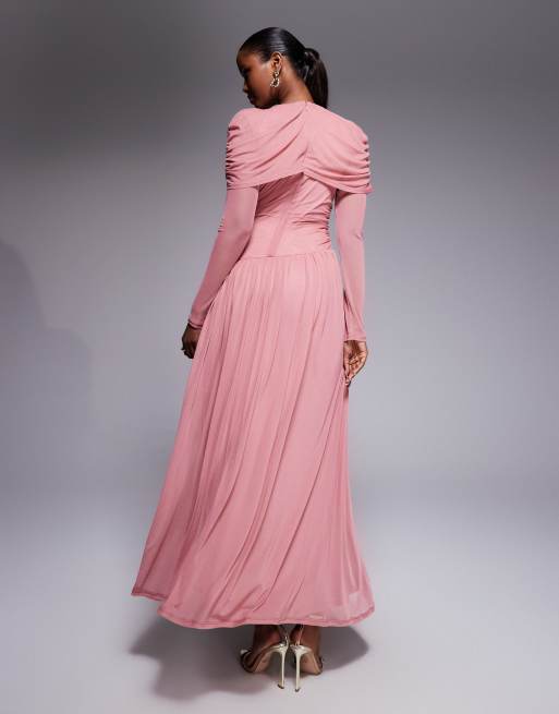 Daska long sleeve ruched cape pleated skirt maxi dress in dusty pink, 4 of 4
