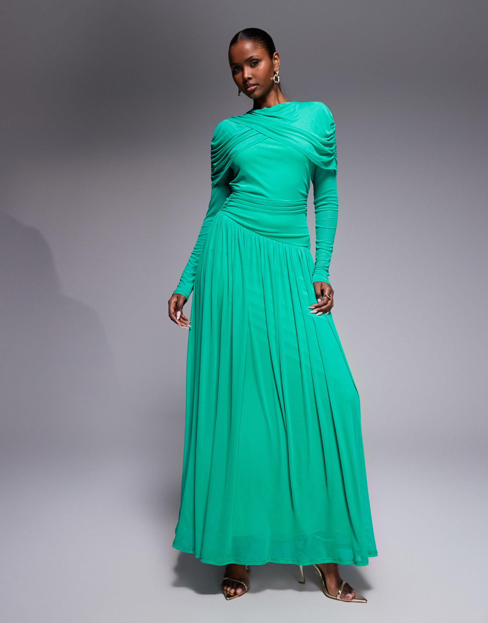 daska long sleeve ruched cape pleated skirt maxi dress in jade green