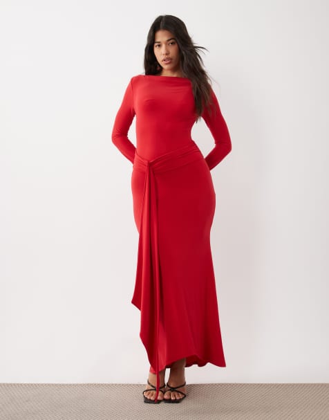 Daska sculpted slinky waist drape detail maxi dress in red