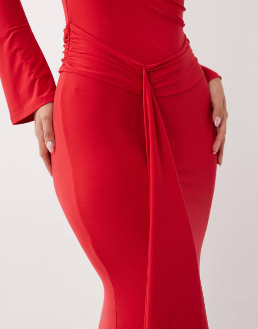 Daska long sleeve slinky tie waist detail maxi dress in red, 2 of 4