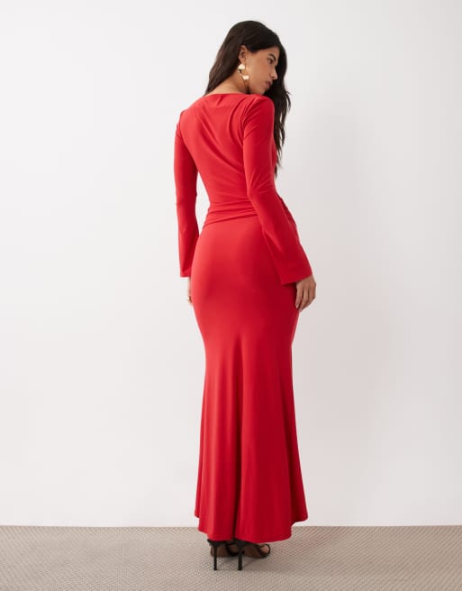 Daska long sleeve slinky tie waist detail maxi dress in red, 4 of 4