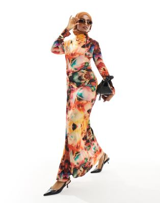 long sleeve twist detail maxi dress in multi print