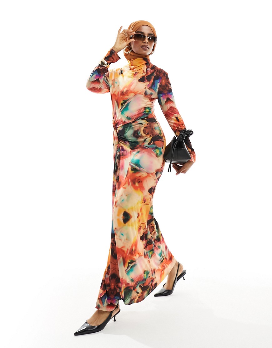 Daska Long Sleeve Twist Detail Maxi Dress In Multi Print