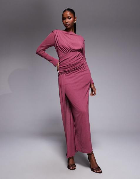 Daska longe sleeve asymmetric drape detail maxi dress in mulberry