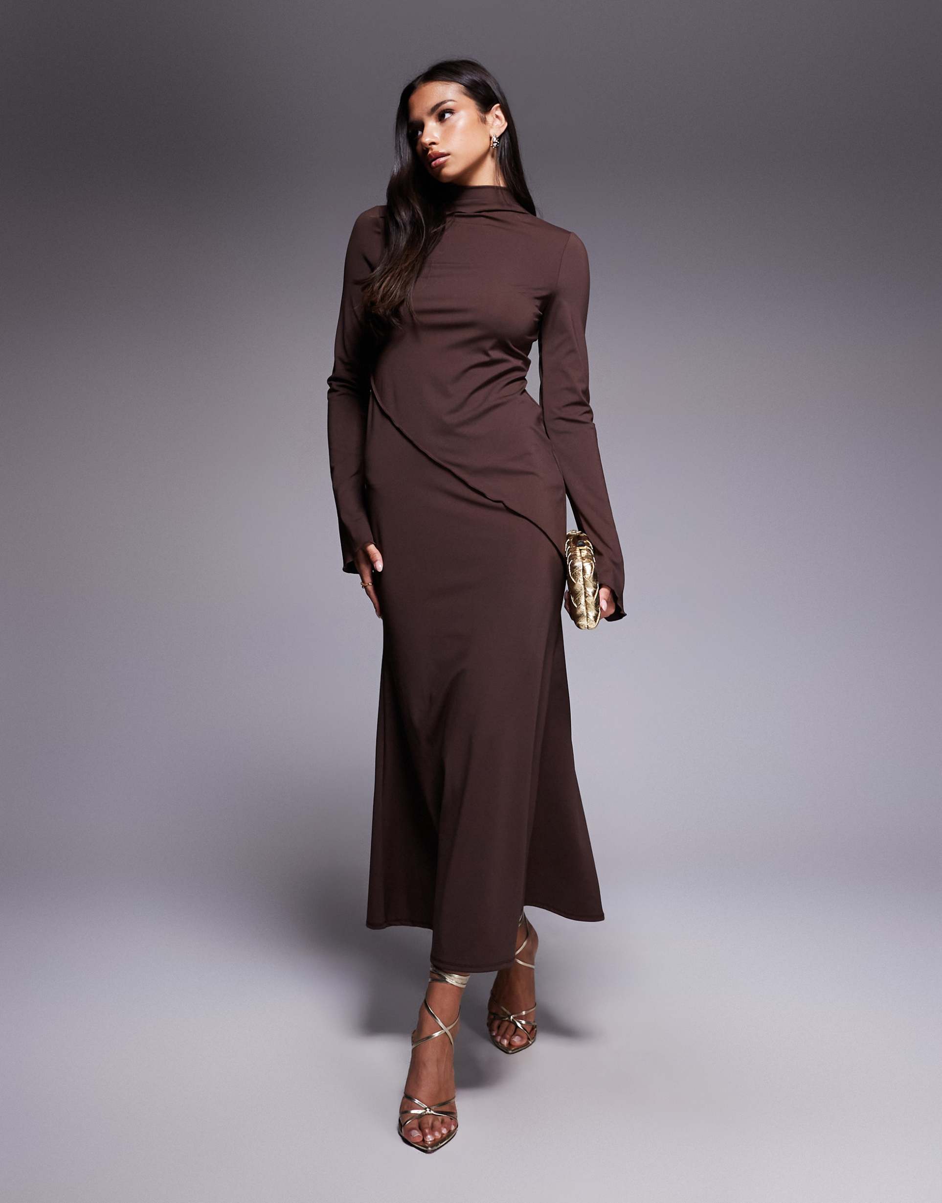 daska maxi dress with asymmetric seam detail in chocolate brown