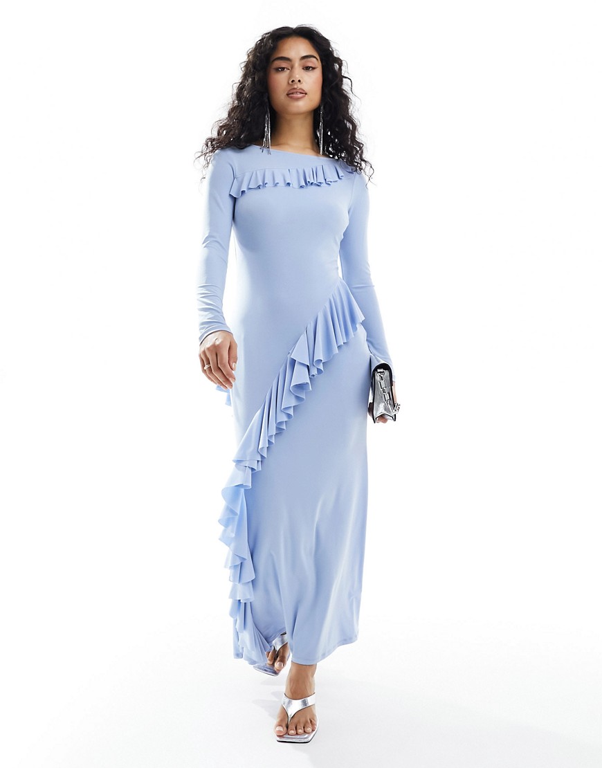maxi dress with frill detail in light blue