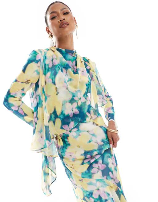 Daska - Maxi jurk met lange mouwen en capedetail in bloemenprint, 2 van 4