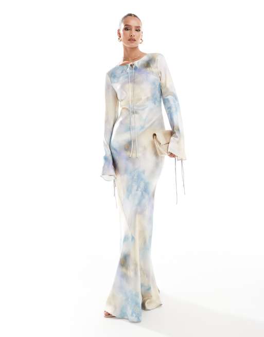 Daska - Maxi jurk met lange mouwen met strikken in zachte print