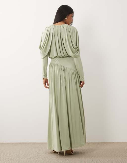 Daska - Maxi-jurk met rimpeleffect, verlaagde asymmetrische taille en uitsnijding in saliegroen, 4 van 4