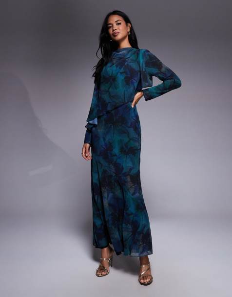 Daska - Maxi jurk met ruches, cape en abstracte print in diepblauw - view 1