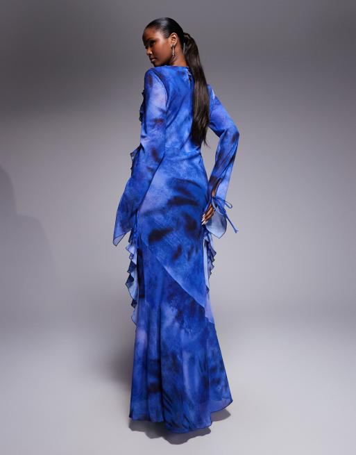 Daska - Maxi jurk van chiffon met gedrapeerde halslijn, ruches en abstracte print in kobaltblauw , 2 van 4