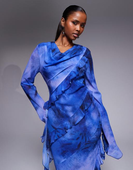 Daska - Maxi jurk van chiffon met gedrapeerde halslijn, ruches en abstracte print in kobaltblauw , 3 van 4