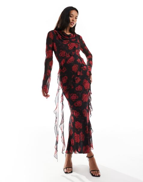 Daska - Maxi jurk van chiffon met ruches en bloemenprint in rood - view 1