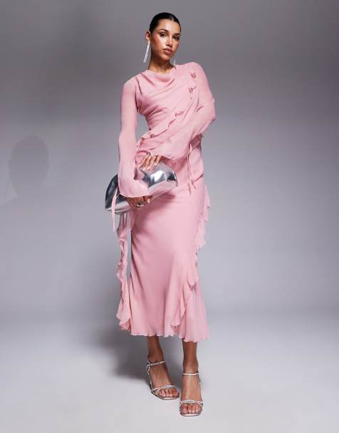 Daska - Maxi-jurk van chiffon met ruches in licht beigeroze - view 1