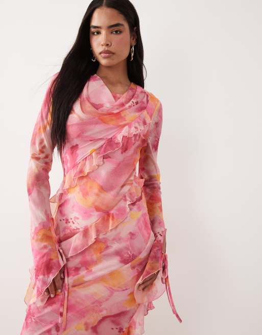 Daska - Maxi jurk van chiffon met ruches in roze abstracte bloemenprint, 4 van 4