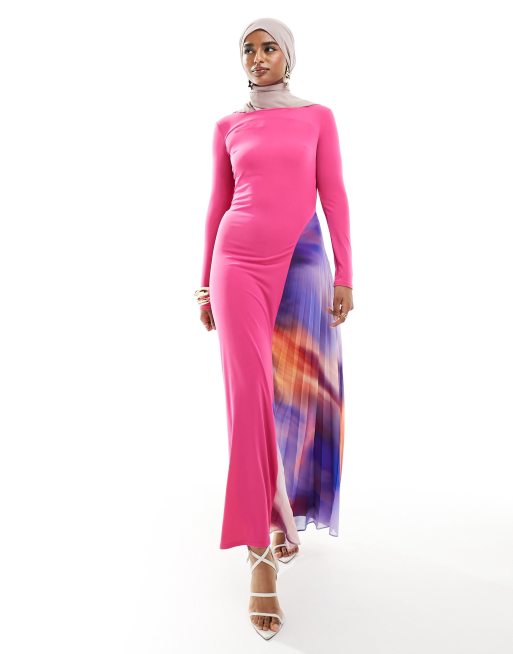 Daska - Maxi-jurk van chiffon met split in fuchsia en multi 