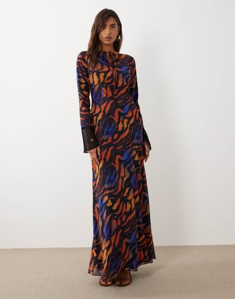 Daska - Maxi jurk van chiffon met strikdetail en abstracte dierenprint in oranje en blauw - view 1