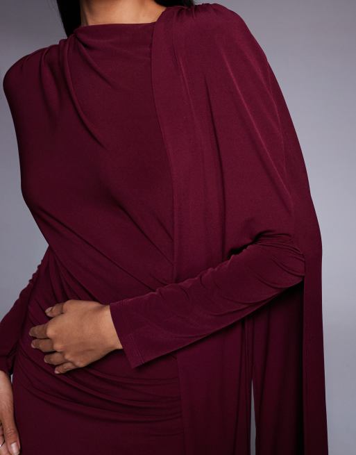 Daska - Maxi jurk van gladde stof met cape-detail in bordeauxrood, 4 van 4