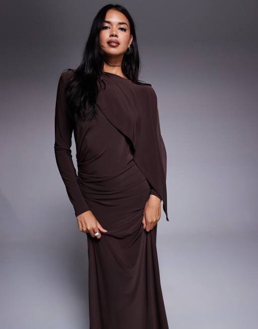 Daska - Maxi-jurk van gladde stof met cape-detail in chocoladebruin, 3 van 4
