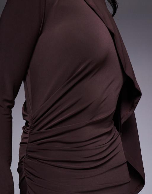Daska - Maxi-jurk van gladde stof met cape-detail in chocoladebruin, 4 van 4