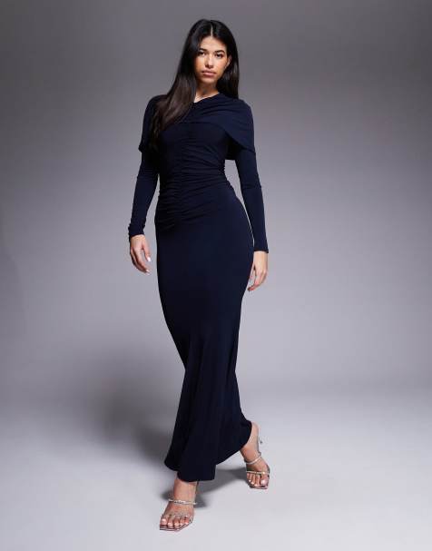 Daska - Maxi-jurk van gladde stof met rimpeleffect en capedetail in marineblauw - view 1