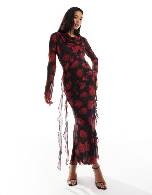 Daska - Maxikjole med flæser og rødt blomsterprint i chiffon