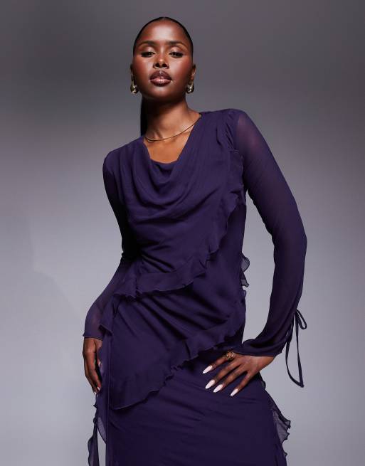 Daska – Maxikleid aus Chiffon in Lila mit Rüschendetails, 3 von 4