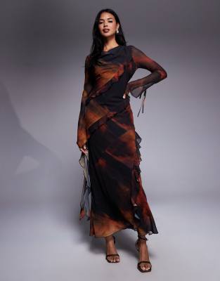 Daska - Maxikleid aus Chiffon mit abstraktem Print in Orange und Rüschendetail-Bunt