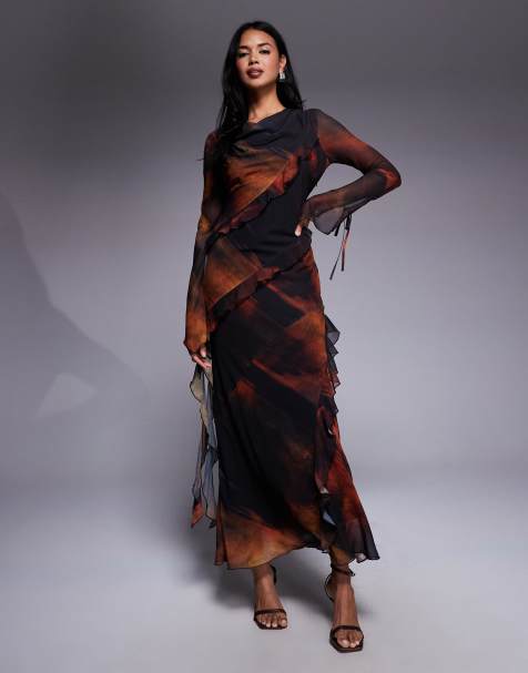 Daska – Maxikleid aus Chiffon mit abstraktem Print in Orange und Rüschendetail - view 1