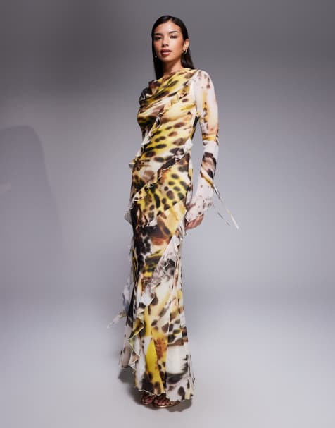 Daska – Maxikleid aus Chiffon mit abstraktem Tierfellmuster, hohem Wasserfallausschnitt und Rüschendetail - view 1